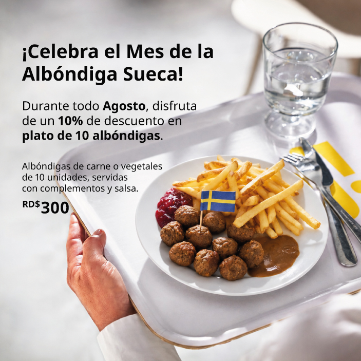 Promoción del Mes de la Albóndiga Sueca con plato de 10 albóndigas, papas fritas y descuento del 10%.